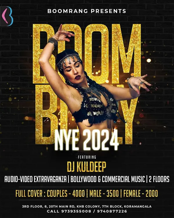 The official poster for the 'Boom Bolly NYE 2024' event. Headlining a New Year's Eve party with an audio-video extravaganza is always a huge highlight of the year.