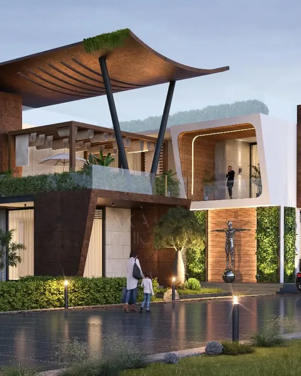 This modern farmhouse in Gadipur was designed as a response to rising pollution, offering a retreat with fresh air and abundant greenery. The architecture features a dynamic, sculptural roof and extensive use of glass to connect the inhabitants with the surrounding nature.