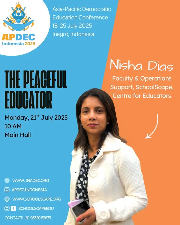 Our faculty member, Nisha Dias, is featured as a speaker at the Asia-Pacific Democratic Education Conference (APDEC) 2025 in Indonesia. Her session, "The Peaceful Educator," draws on her dual expertise in Montessori and mainstream curricula to inspire purposeful, progressive education.