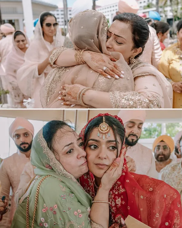 The emotional hugs that say more than words. A mother's embrace during the Vidaai is one of the most powerful, unscripted moments I look for.