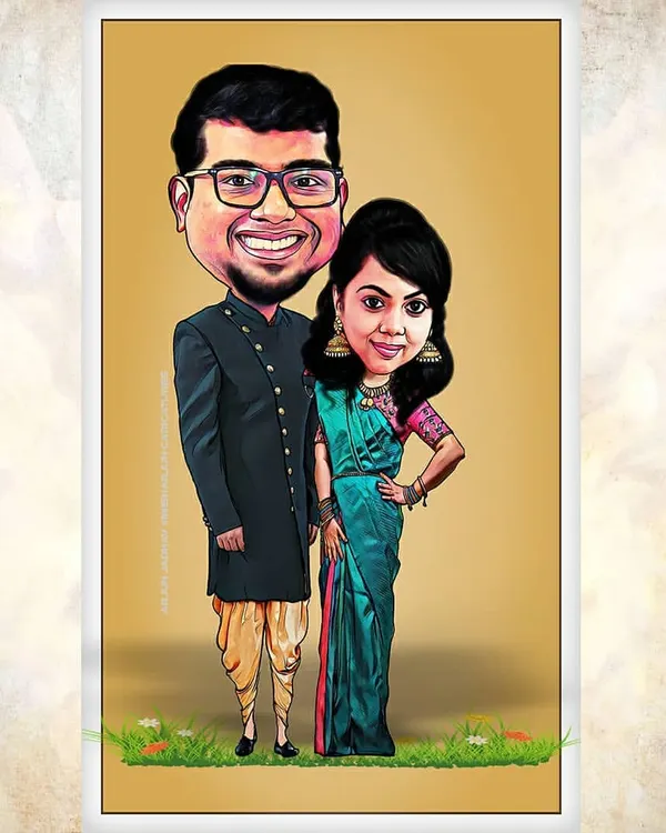 A beautiful couple caricature featuring traditional Indian wedding attire. The groom is in a stylish sherwani and dhoti, and the bride is in a gorgeous green saree. Perfect for a wedding gift.