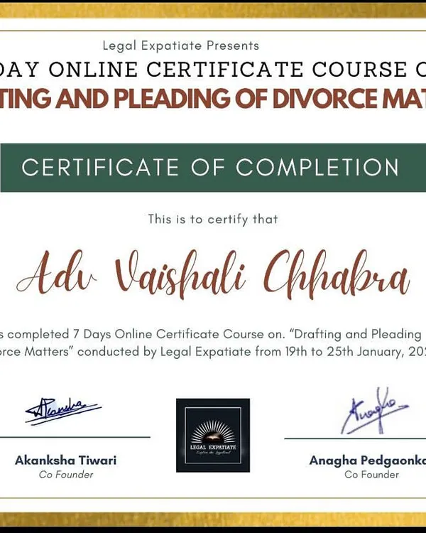 This certificate marks the completion of a specialized course on drafting and pleading in divorce matters. This training enhances my ability to prepare precise and effective legal documents for my clients in family court.