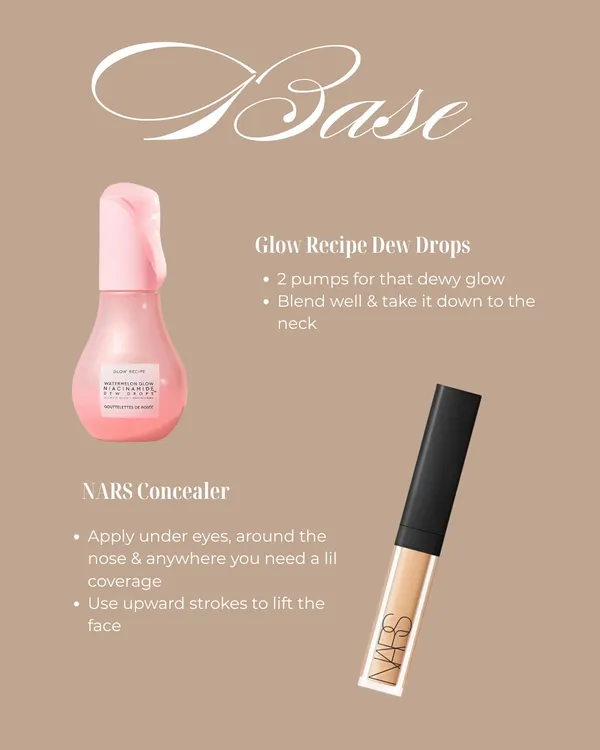 To create a dewy base for a soft glam look, I start with glow-boosting drops and use a creamy concealer with upward strokes to lift the face. This is a foundational technique for a radiant finish.