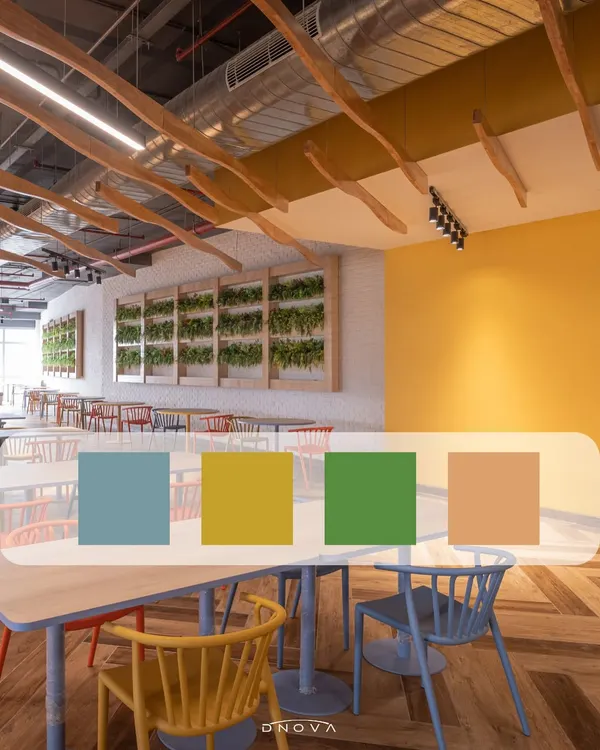 The color palette for the Gogo Google Café was chosen to create an uplifting and energetic atmosphere. This combination of blue, yellow, green, and tan reflects the vibrant and collaborative nature of the space.