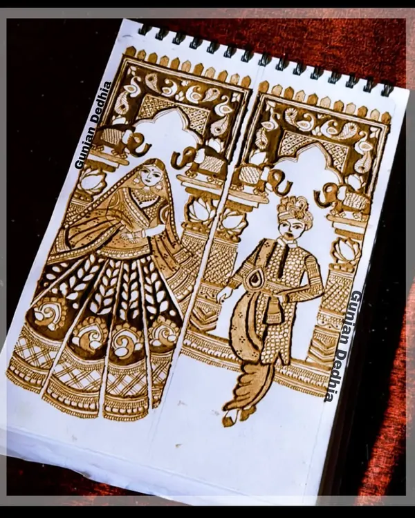 This practice design showcases a royal bride and groom, each on a separate panel, framed by traditional Indian arches. I focused on the intricate details of their attire and the delicate lotus and paisley motifs that complete the regal theme.