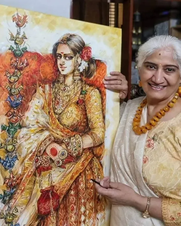 Renowned artist Sumitra Ahlawat Ji with one of her beautiful mixed-media paintings. We were honored to have her at our 'Anant ki Aur' exhibition.