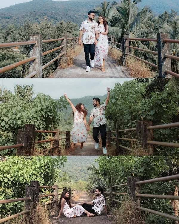 A fun and energetic series from a Goa pre-wedding shoot. From joyful jumps to romantic walks on a rustic bridge surrounded by greenery, these photos capture the playful and adventurous spirit of the couple.