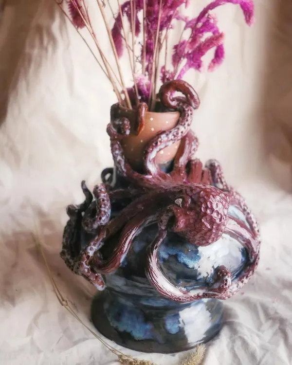 This octopus vase is one of my most beloved creations. I spent hours sculpting each tentacle, letting the clay guide me to create a sense of movement and life. It’s a perfect example of the whimsical, nature-inspired, and deeply personal art I love to make.