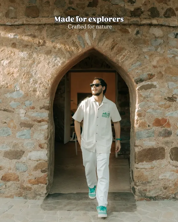 This shot for Royal Enfield's "Conscious Collection" was taken at a rustic stone archway. The setting and my confident stride are meant to embody the "Made for explorers" tagline of the apparel.