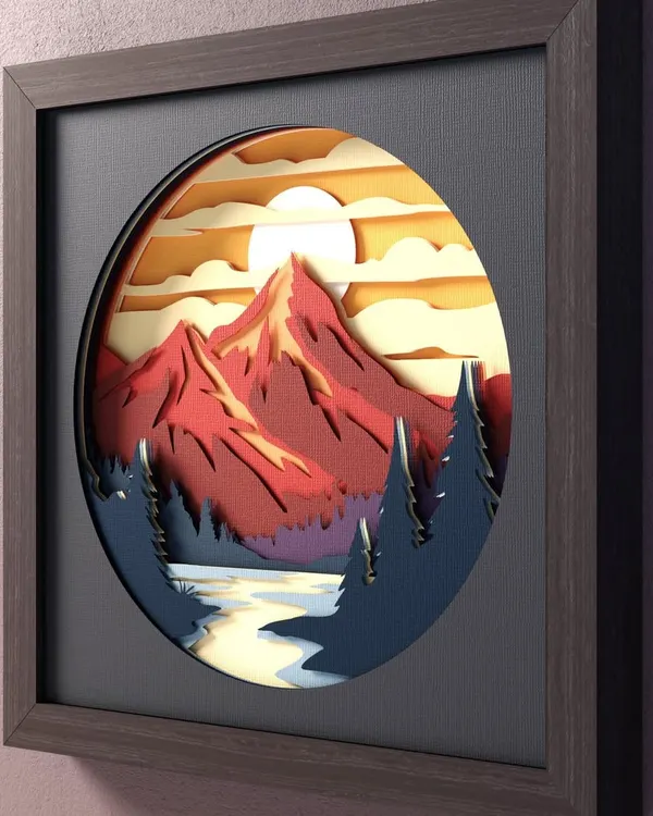 An angled view of our Sunset Over Mountain Lake 3D shadow box. This perspective highlights the depth between the foreground trees and the background mountains.