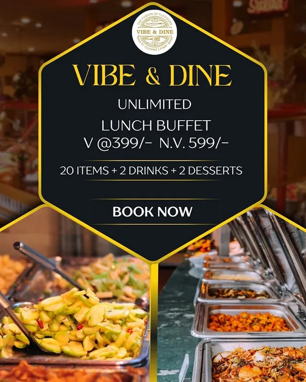 "Pet bhar ke khaana" is my promise. This graphic showcases our unlimited lunch buffet offer, featuring a wide spread of over 20 vegetarian and non-vegetarian dishes, drinks, and desserts.