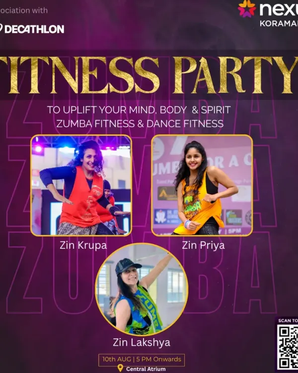 An event poster for a 'Fitness Party' in association with Decathlon. These events are all about bringing people together for an electrifying session of Zumba and Dance Fitness.