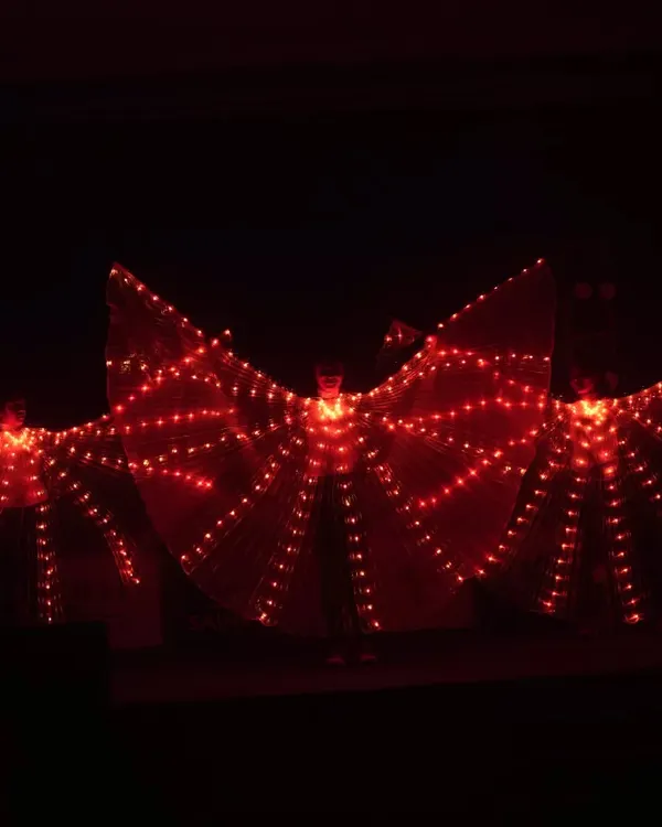 Our LED butterfly wing dancers create a mesmerizing spectacle. Here, three performers are seen in stunning red illuminated wings.