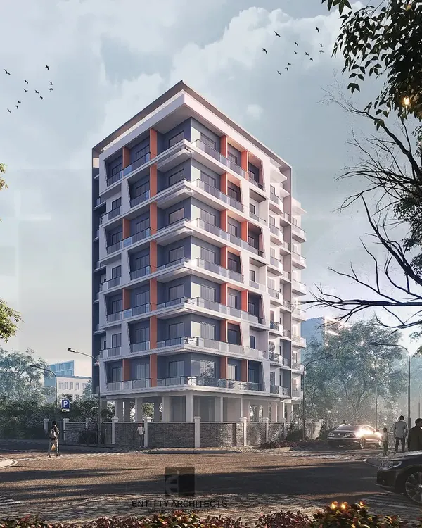 This render shows an upcoming Stilt+7 residential project in Panvel on a 499 sq. mt. plot. The facade features a clean, minimalist design with recessed balconies, providing a sophisticated and modern housing solution.