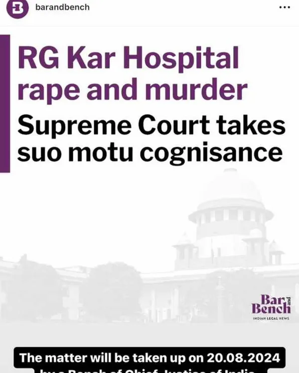 The Supreme Court taking suo motu cognizance of the horrific RG Kar Hospital rape and murder case is a significant step. The judiciary's intervention is crucial when administrative systems fail.