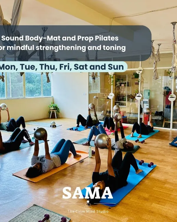 A snapshot from our Sound Body Mat and Prop Pilates class. Here, members use stability balls to engage their core and improve balance, demonstrating a low-impact yet effective strengthening exercise.