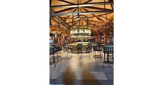 The central bar at the Karnataka Golf Association, featuring a vaulted wooden ceiling and our integrated planting design. The goal was to create a space that feels both grand and intimate, where natural elements complement the architectural vision.