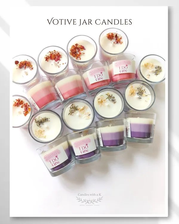 A collage of my versatile votive jar candles, showing layered ombre designs and botanical toppings like rose petals and lavender.