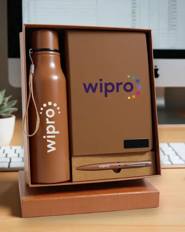 This premium gift set, created for Wipro, is a perfect example of professional corporate branding. It includes a matching temperature bottle, a faux-leather notebook, and a pen, all featuring the company logo and presented in a sleek gift box.