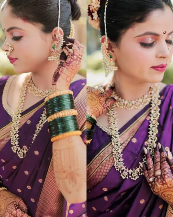 This is the look every Maharashtrian bride dreams of. Our stunning Karnaful and Tanmani style necklace set, paired with a traditional Nath, creates a picture of pure grace and elegance for your special day.