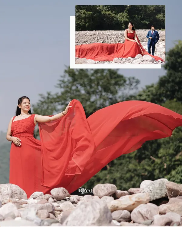 This is the kind of epic, breathtaking portrait we can create. Using a flowing gown against the stunning natural backdrop of Rishikesh, we turn your maternity moment into a piece of art.