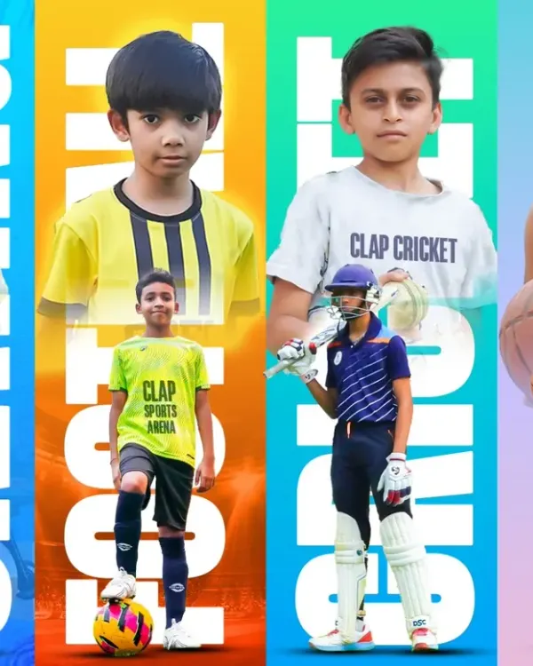 Skate, Kick, Hit, Shoot. This graphic represents the four pillars of our academy, showcasing the variety of sports we offer, from skating and football to cricket and basketball.