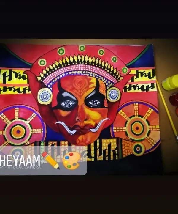 I've captured the divine energy of Theyyam, a ritual performance art from Kerala. This painting highlights the performer's transformation into a deity, focusing on the elaborate headgear, intense expression, and the rich red and yellow pigments characteristic of this sacred tradition.
