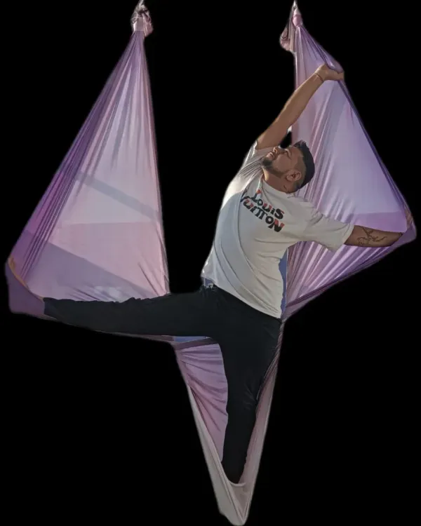 A beautiful pose that combines a hip opener with a side body stretch. The hammock allows you to go deeper into the stretch.