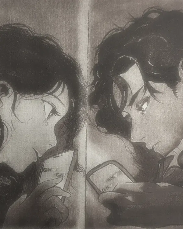 This is the complete composition in a monochrome, sketch-like finish. It captures the raw emotion of the scene, focusing on the characters' expressions and the feeling of distance despite being connected by their phones.