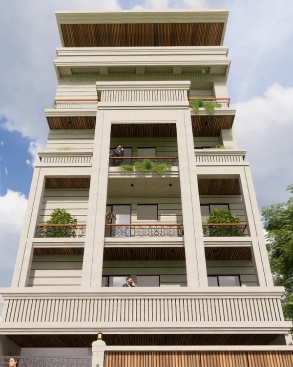 A classic facade design featuring vertical double-height massing. The central framed element draws the eye upward, while the earthy tones and wood-paneled ceilings add warmth and elegance.