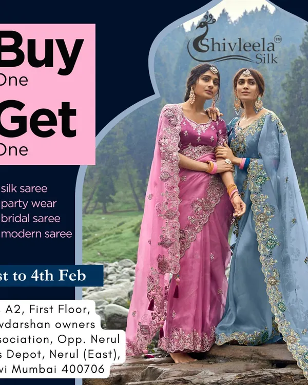 Two models display my modern party wear collection. The pink saree has a heavy floral embroidered border, while the slate blue one features delicate buti work, showing the variety available for your next event.