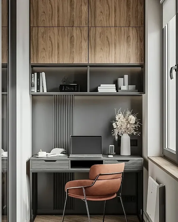 This design showcases a sophisticated home office in a narrow space, using a monochrome grey palette with warm wood accents. The vertical fluted paneling adds texture, while the overhead cabinets provide sleek, handleless storage.