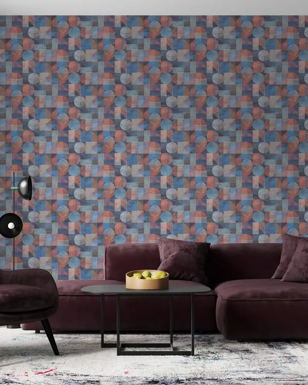 A dynamic geometric pattern from our Modern Art collection, featuring a mix of circles and squares in a cool palette of blue and orange. This design creates a vibrant and energetic focal point in this modern living room.
