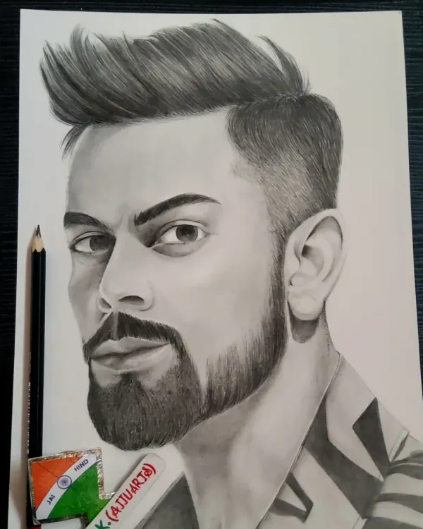 A detailed graphite portrait of cricketer Virat Kohli, drawn on 200gsm paper. I focus on achieving a realistic likeness and capturing the subject's personality through their expression.