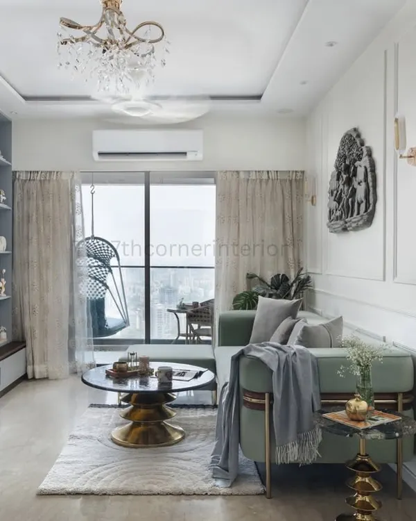An overview of the 'Urban Vista' living room, where a custom teal L-shaped sofa, gold accents, and a large-format clock come together to create a cohesive and inviting environment with a touch of opulence.