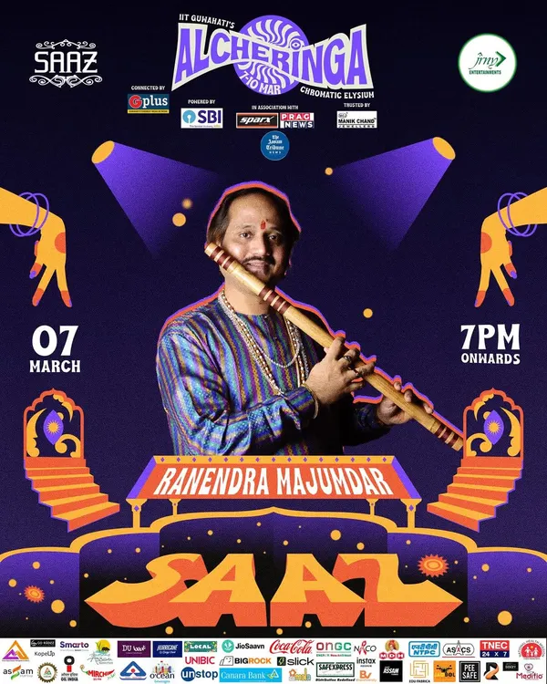 The official poster for legendary flutist Ronu Majumdar's performance at 'Saaz', the classical night of Alcheringa, IIT Guwahati.