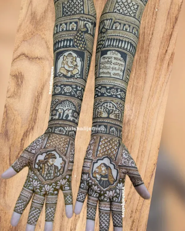 This is what I live for: creating a full bridal mehndi that tells a story. This design features detailed portraits of the bride and groom, a sacred Ganesha figure, and a meaningful Sanskrit shloka, all woven together with traditional patterns.
