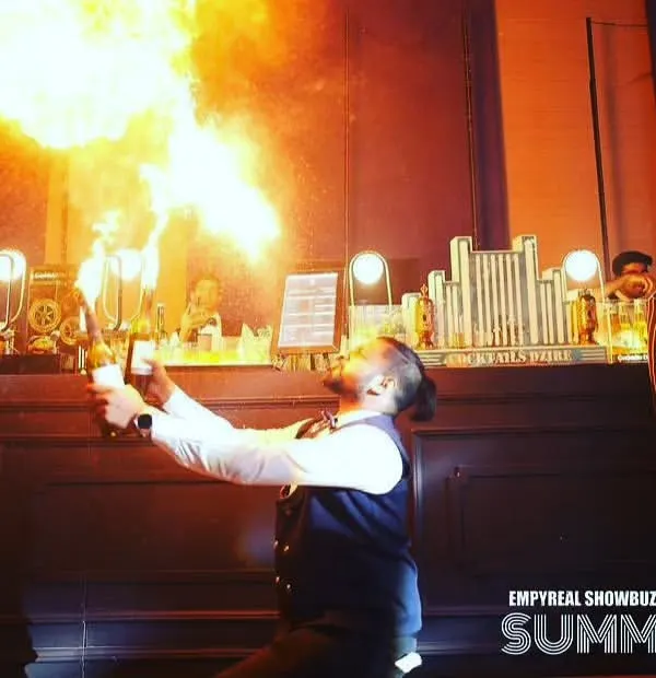 Our fire breathing performance is a guaranteed showstopper. A trained flair artist creates a massive ball of fire, lighting up the event and creating a high energy moment.