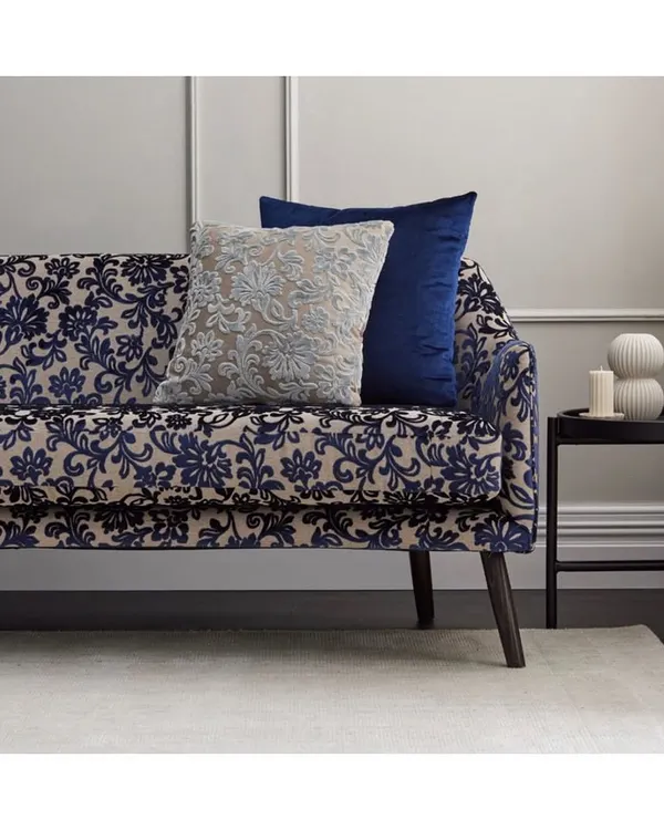 Inspired by the baroque era, this 'Vivaldi' floral patterned velvet oozes style and opulence. I use such intricate, soft fabrics to turn a simple sofa into a luxurious centerpiece for a formal living room.