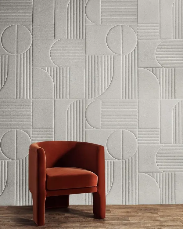 Soft Surrounds redefines modern elegance with its large-scale geometric 3D design. Offered in refined neutral tones, this sound-absorbing and stain-repellent wallcovering elevates every space with understated luxury.