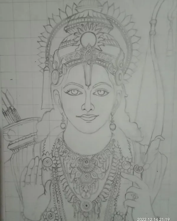 This is the initial line art for my drawing of Lord Rama. I use a grid system for complex pieces like this to ensure every intricate detail of the jewelry and features is perfectly proportioned.
