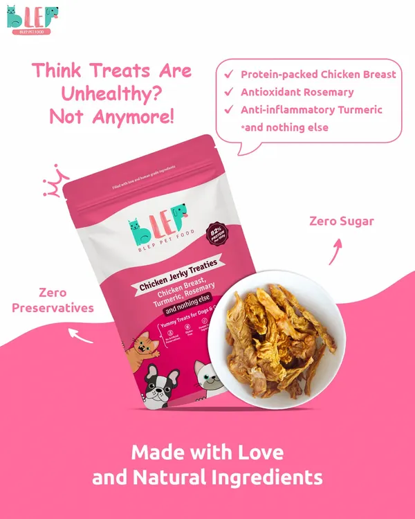 Who says treats can't be healthy? Our Chicken Jerky Treats have just three ingredients: protein-packed chicken breast, antioxidant-rich rosemary, and anti-inflammatory turmeric. That's it. No sugar, no preservatives, just pure goodness.