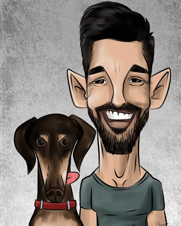 A man and his best friend. This digital caricature captures the warm and friendly smiles of both the owner and his handsome dog.