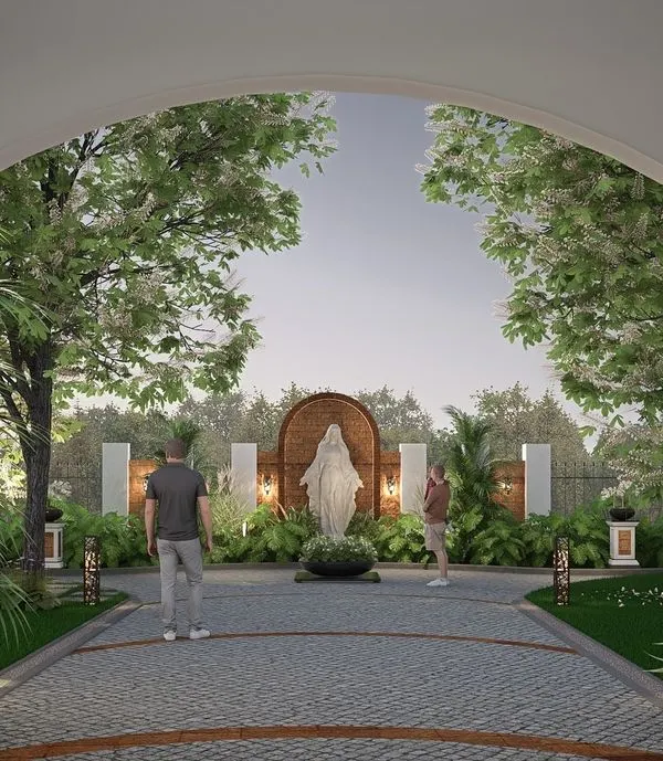 The front yard of the Nilaya Residence is designed to blend regional charm with colonial beauty. A cobblestone pathway leads the eye to a serene Mother Mary statue, creating a contemplative focal point that can be enjoyed from the home's veranda.