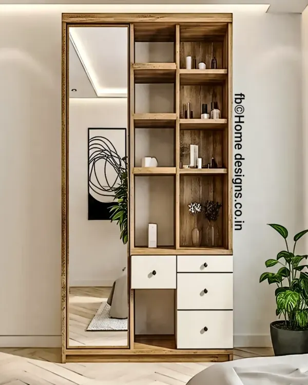 A sleek and functional wardrobe unit that combines a full-length mirror with open shelving and drawers. The two-tone wood and white finish gives it a modern and light feel.