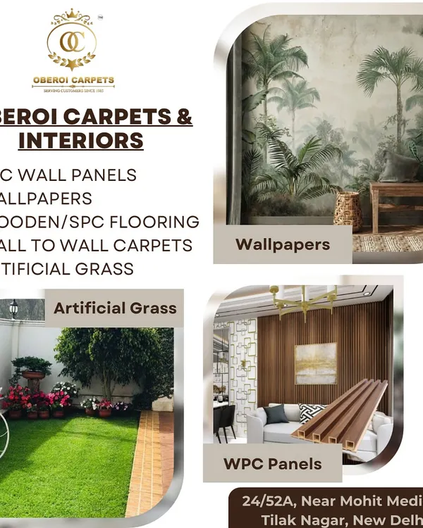 I offer a one-stop shop for all your interior needs. This image highlights some of my most popular products, including PVC wall panels, custom wallpapers, durable WPC panels, and lush artificial grass for a complete home makeover.