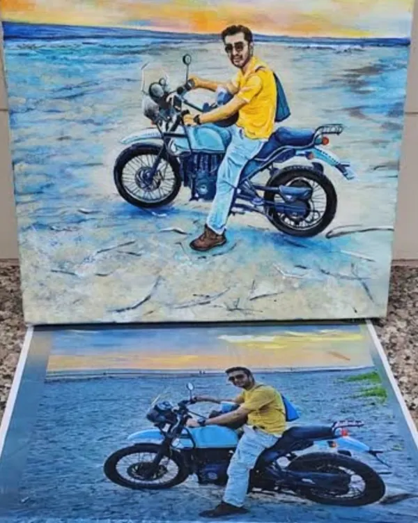 This custom acrylic portrait was more than a painting; it was a birthday gift meant to capture a person's true spirit. By weaving in his love for bikes and the open road, the photograph was transformed into a personal story on canvas, a memory that now has a permanent place in his home.