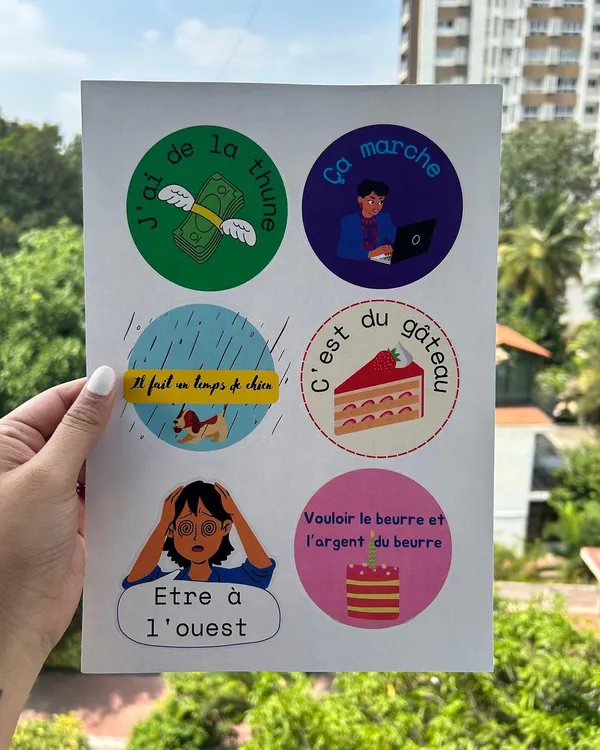A sheet of our custom designed stickers featuring fun French idioms. We use these visual aids to make learning vocabulary and cultural expressions more memorable and enjoyable.