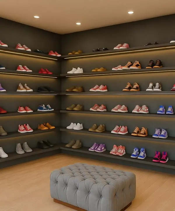 This shoe display wall for the Shoetown project features extensive shelving with integrated backlighting. The design ensures every product is perfectly illuminated, creating an organized and high-impact visual display.