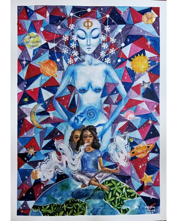 This piece, 'The Reality of the Cosmos,' is one of my deepest dives into narrative art. I explored complex ideas about the universe, consciousness, and perception, using watercolor to blend scientific theory with psychedelic visuals. It’s a perfect example of how I use painting to make sense of big, abstract concepts.